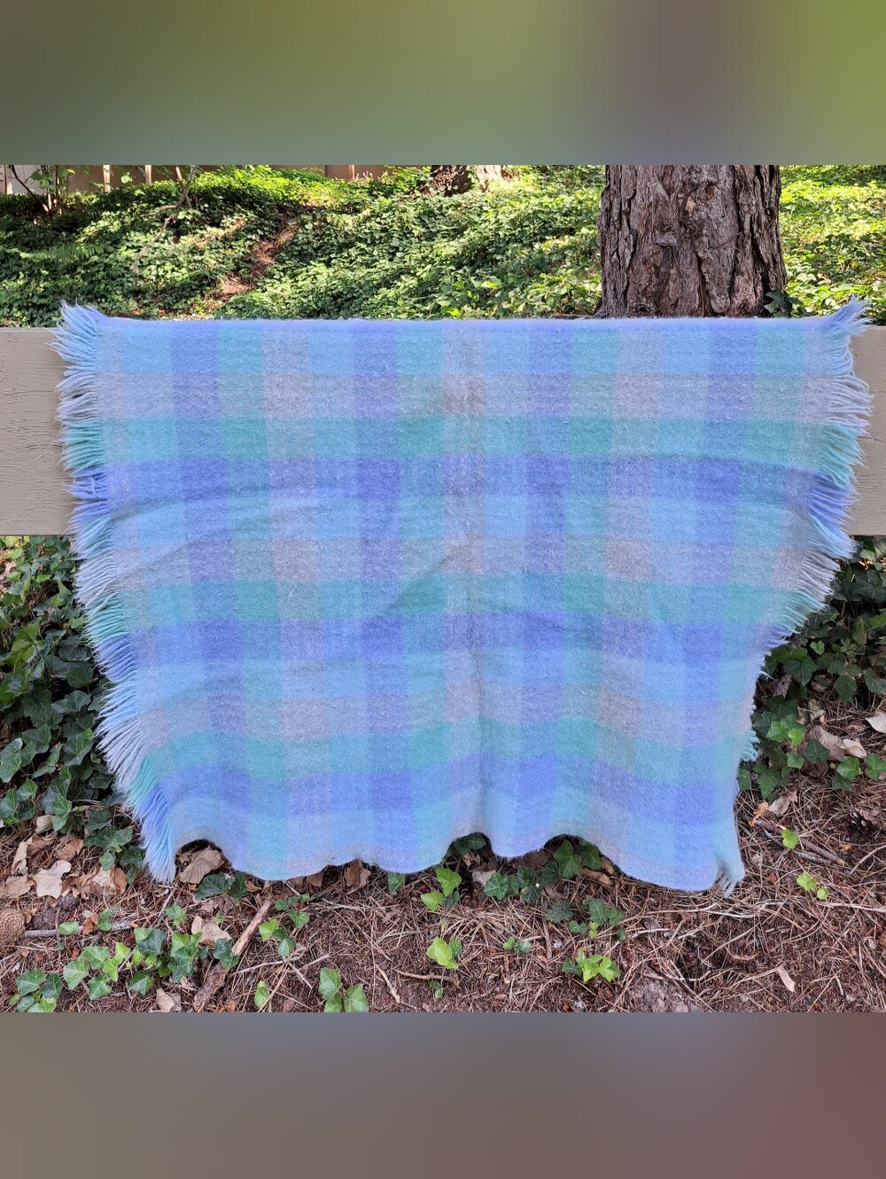 Vintage Pendleton Blue Plaid  Wool Throw Blanket